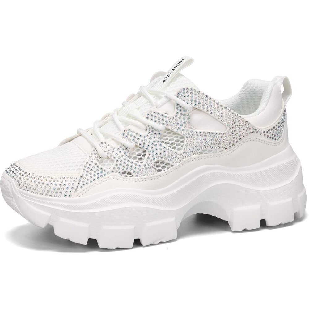 Lucky Step Women's White Chunky Platform Dad Casual Lace Up Walking Sneakers